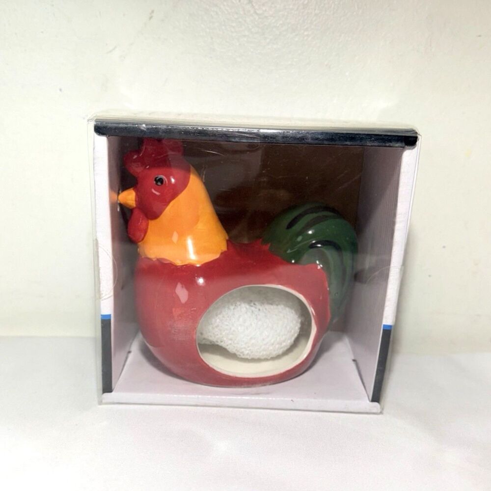 Mainstays Rooster Scrubber W/holder Ceramic Kitchen Sink Cleaning NWT